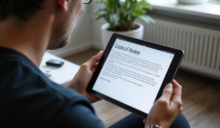 Man reading cookie policy on tablet