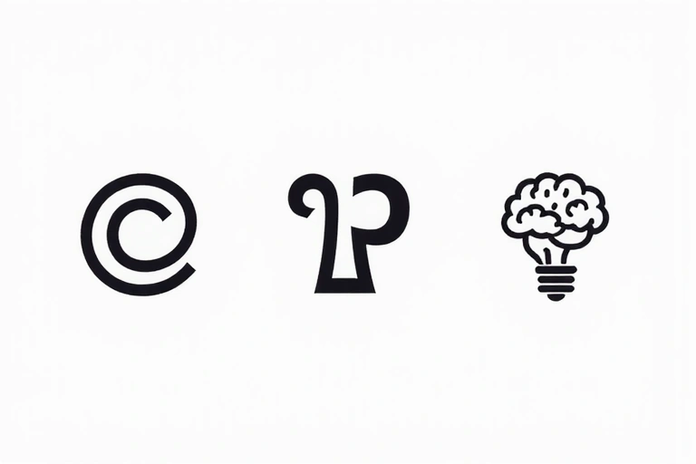 Stylized icons representing copyright, trademark, and intellectual property